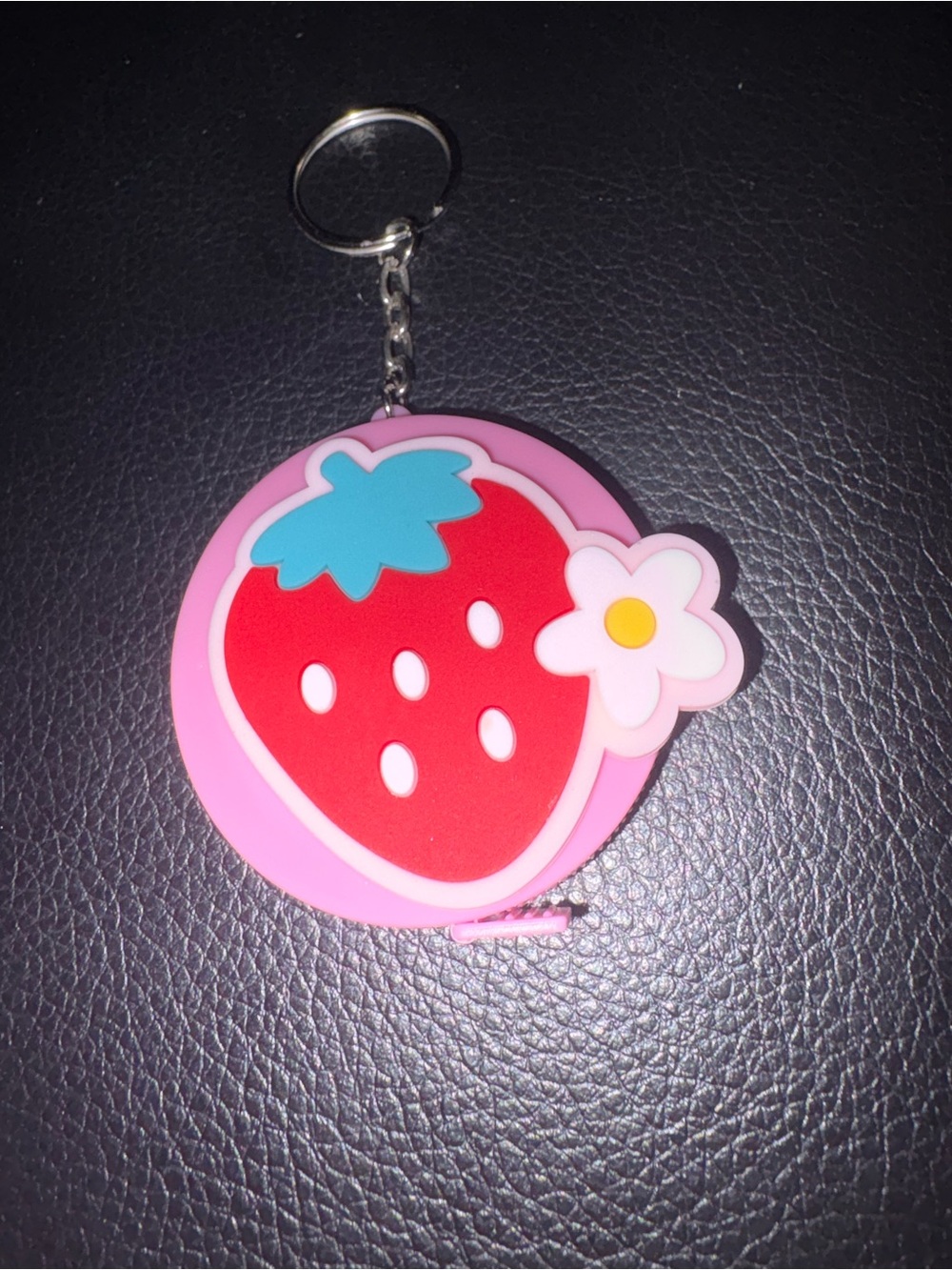 Pink Strawberry Keychain Tape Measure with Flower Accent